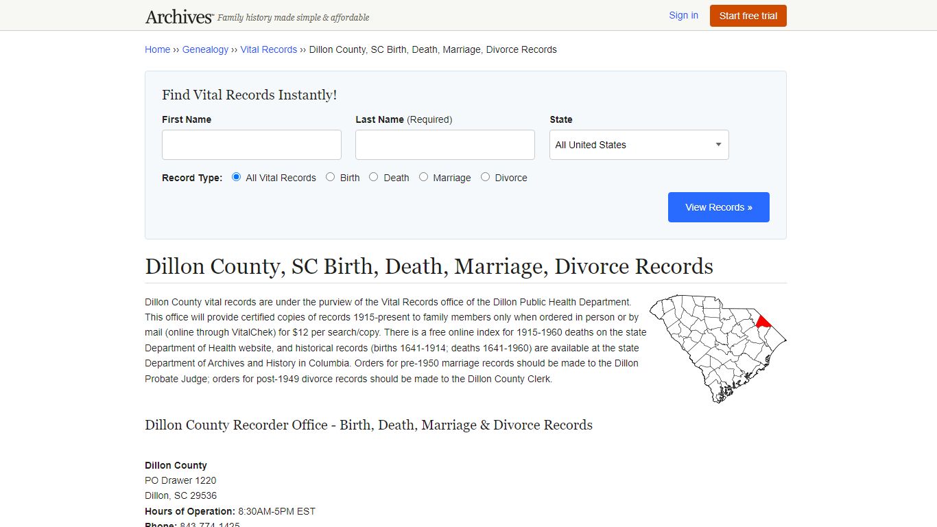 Dillon County, SC Birth, Death, Marriage, Divorce Records