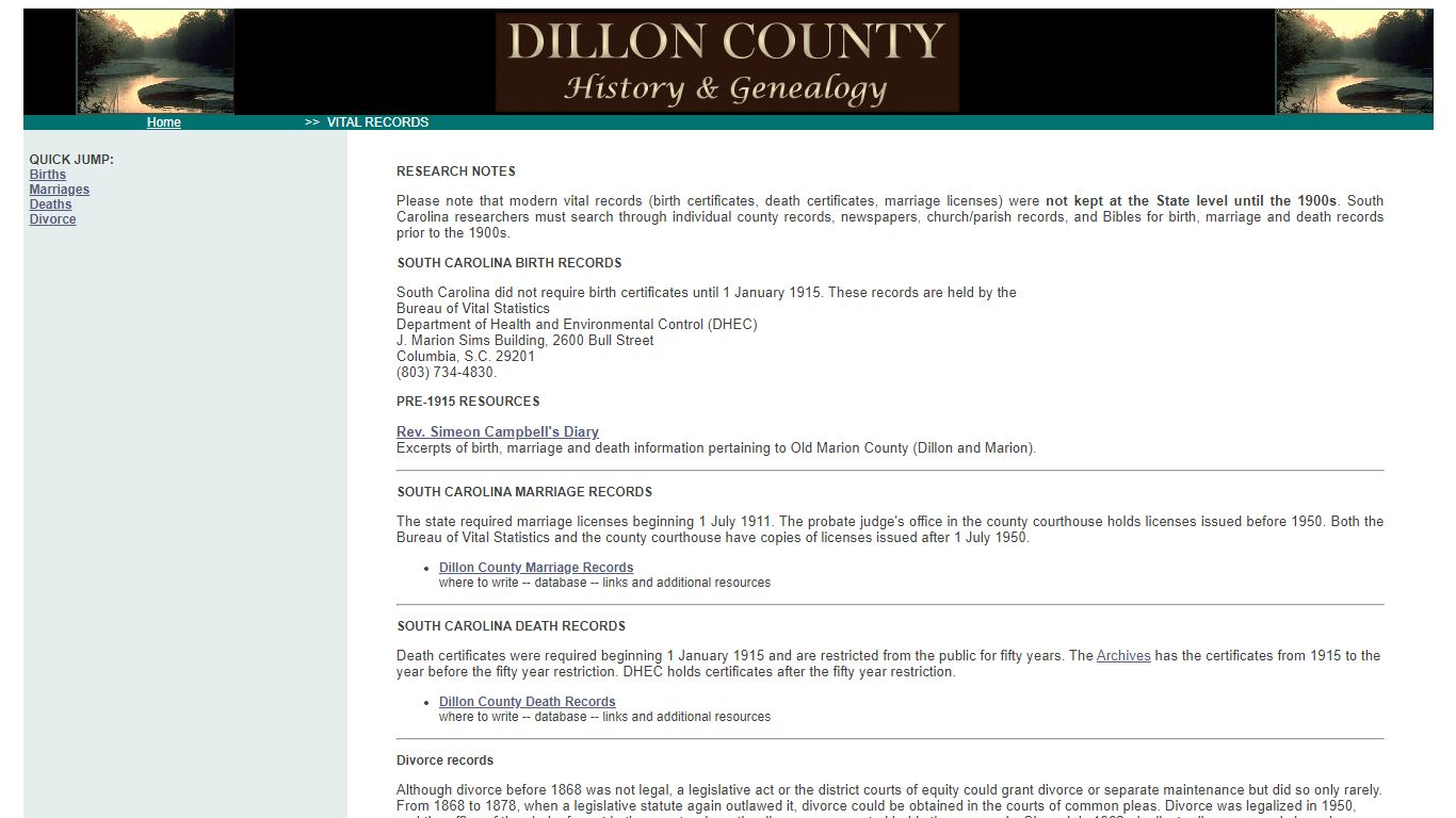 Vital Records - Dillon County, South Carolina